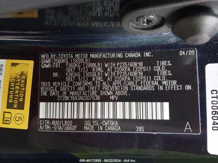 2010 Lexus Rx 350 VIN: 2T2BK1BA3AC007638 Lot: 40172850