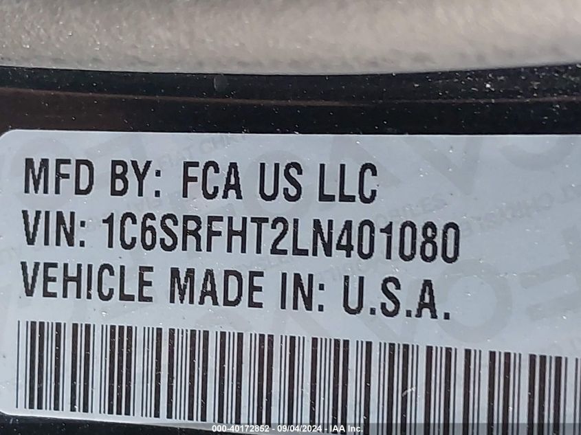 2020 Ram 1500 Limited 4X4 5'7 Box VIN: 1C6SRFHT2LN401080 Lot: 40172852