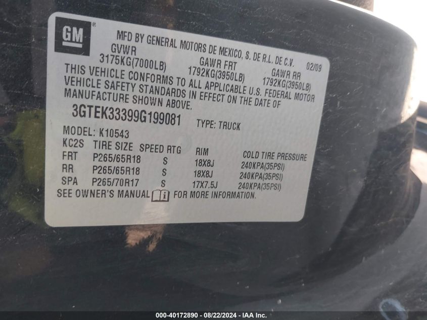 2009 GMC Sierra 1500 Slt VIN: 3GTEK33399G199081 Lot: 40172890
