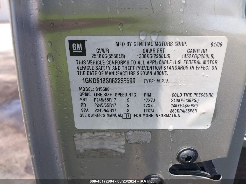 2006 GMC Envoy Sle VIN: 1GKDS13S062255599 Lot: 40172904