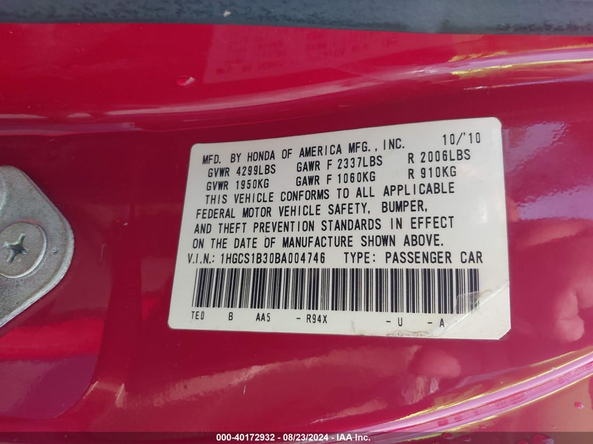 2011 Honda Accord 2.4 Lx-S VIN: 1HGCS1B30BA004746 Lot: 40172932