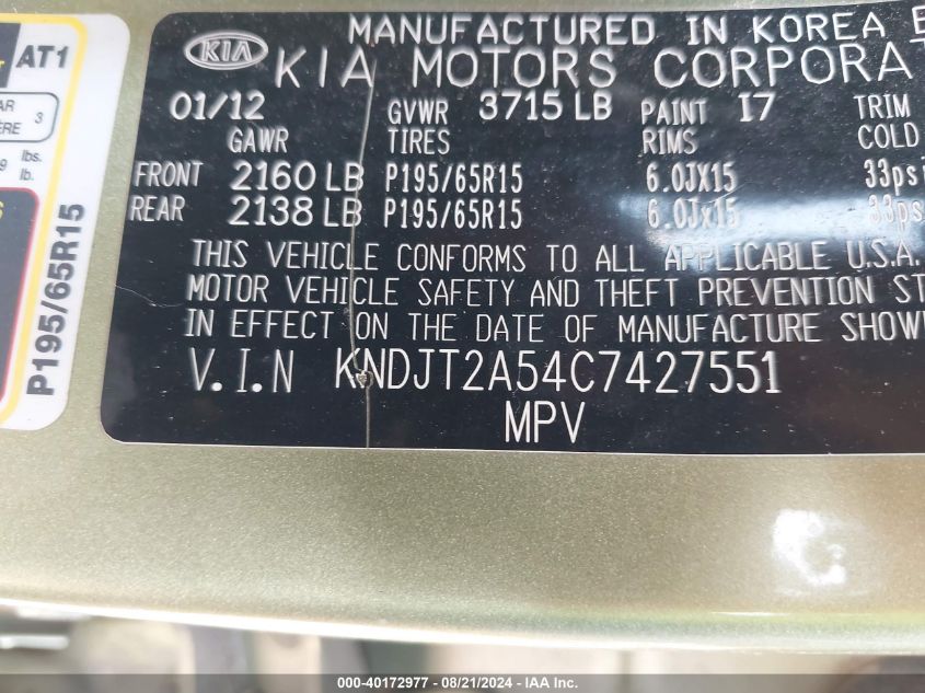 2012 Kia Soul VIN: KNDJT2A54C7427551 Lot: 40172977