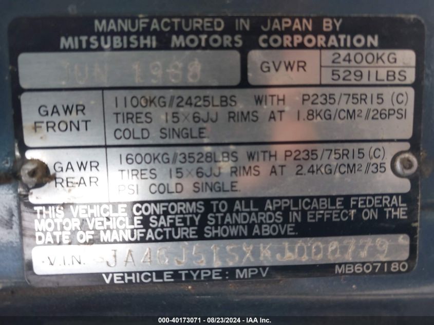 1989 Mitsubishi Montero Ls VIN: JA4GJ51SXKJ000779 Lot: 40173071