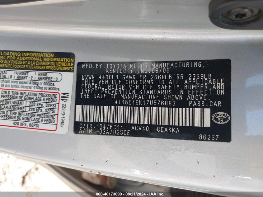 2007 Toyota Camry Se VIN: 4T1BE46K17U576883 Lot: 40173099