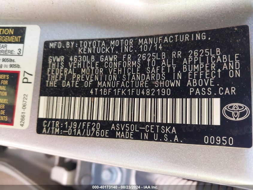 2015 TOYOTA CAMRY SE - 4T1BF1FK1FU482190