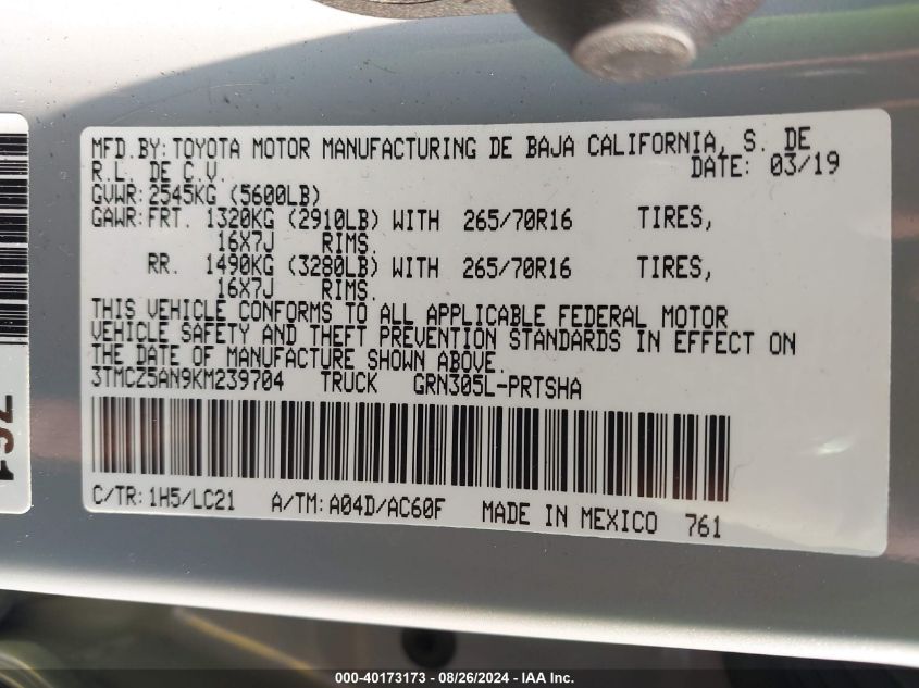 2019 Toyota Tacoma Trd Off Road VIN: 3TMCZ5AN9KM239704 Lot: 40173173