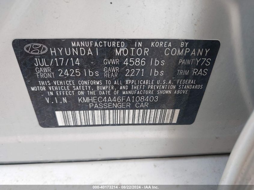 2015 Hyundai Sonata Hybrid Limited VIN: KMHEC4A46FA108403 Lot: 40173214