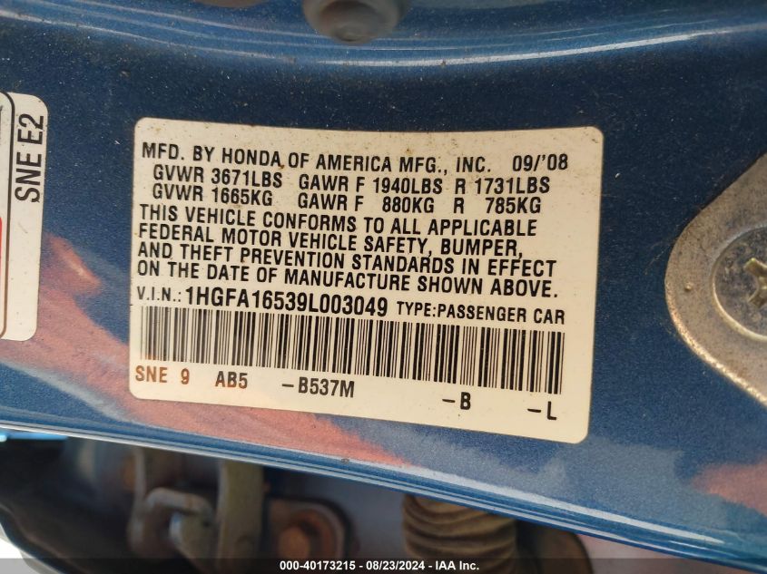 2009 Honda Civic Lx VIN: 1HGFA16539L003049 Lot: 40173215