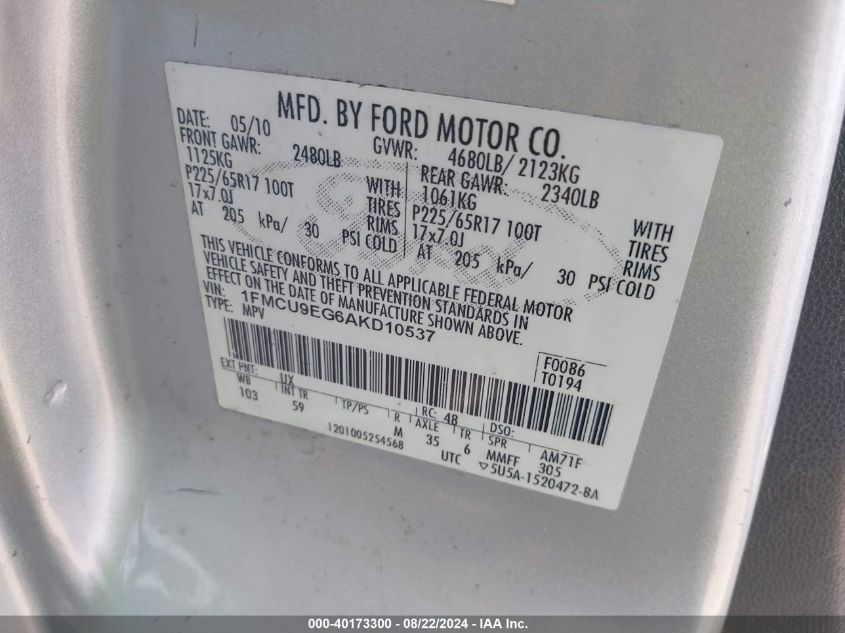 2010 Ford Escape Limited VIN: 1FMCU9EG6AKD10537 Lot: 40173300