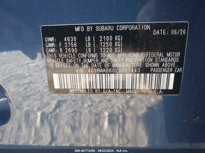 VIN 4S3BWAB60L3027443 2020 SUBARU LEGACY