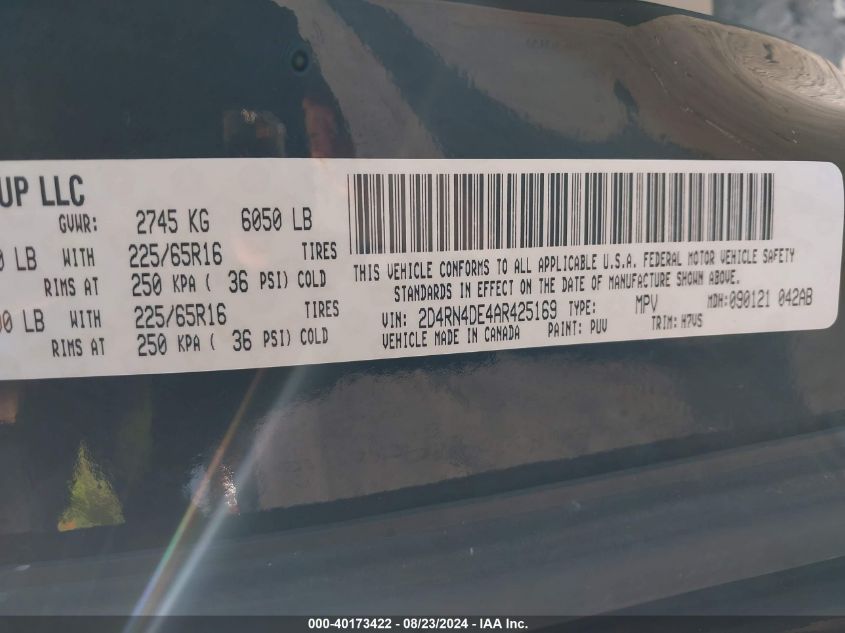 2010 Dodge Grand Caravan Se VIN: 2D4RN4DE4AR425169 Lot: 40173422