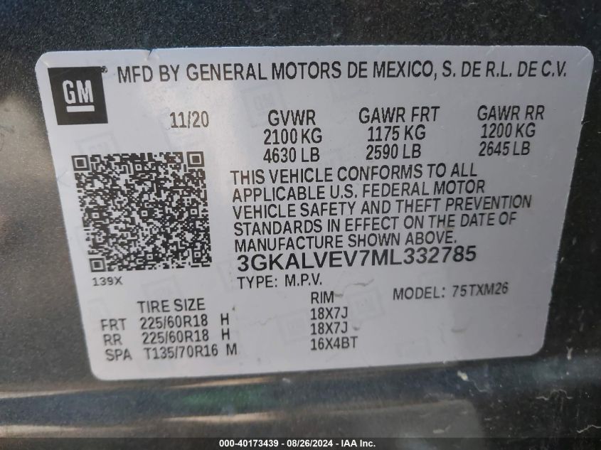 2021 GMC TERRAIN 1.5L I-4 DI, DOHC, V(VIN: 3GKALVEV7ML332785