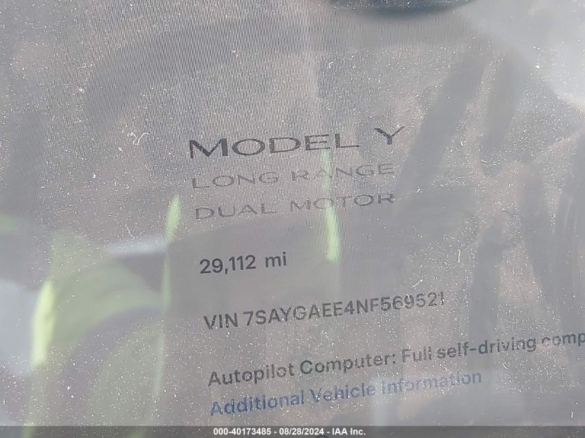 2022 Tesla Model Y Long Range Dual Motor All-Wheel Drive VIN: 7SAYGAEE4NF569521 Lot: 40173485