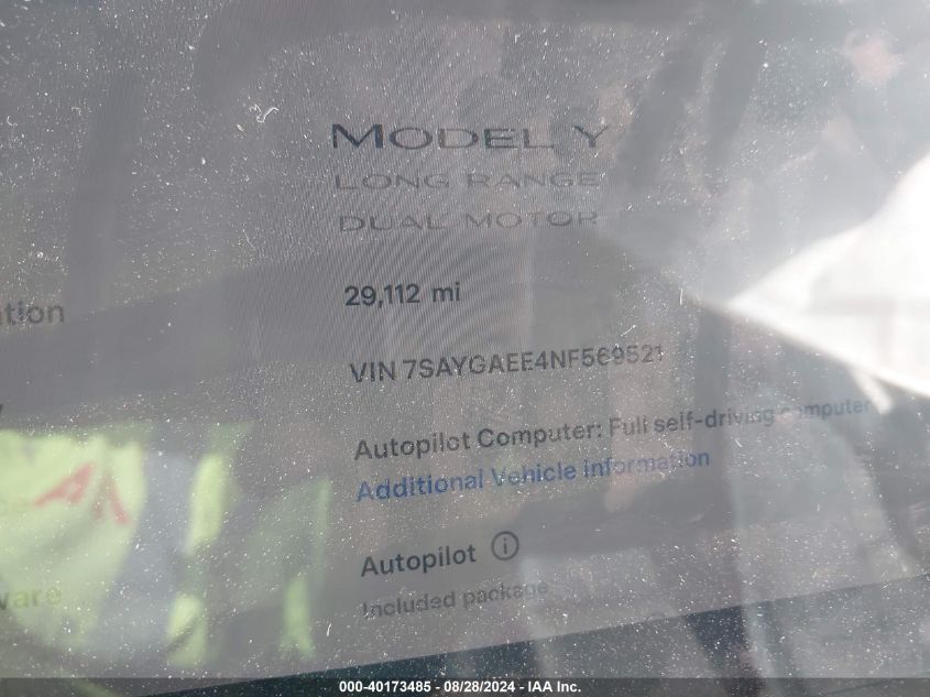 2022 Tesla Model Y Long Range Dual Motor All-Wheel Drive VIN: 7SAYGAEE4NF569521 Lot: 40173485