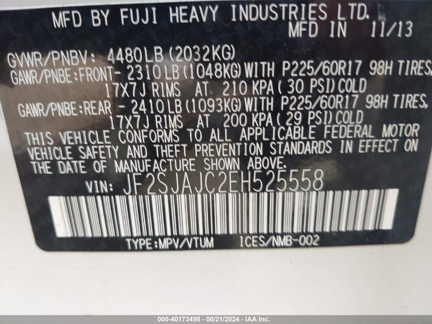 2014 Subaru Forester 2.5I Limited VIN: JF2SJAJC2EH525558 Lot: 40173498
