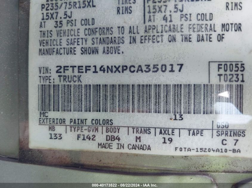 1993 Ford F150 VIN: 2FTEF14NXPCA35017 Lot: 40173522