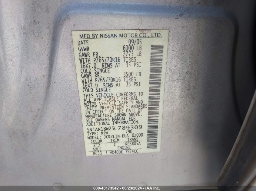 2005 Nissan Pathfinder Se VIN: 5N1AR18W25C789309 Lot: 40173542