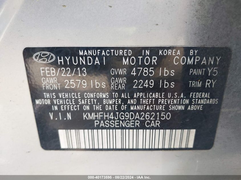 2013 Hyundai Azera VIN: KMHFH4JG9DA262150 Lot: 40173595