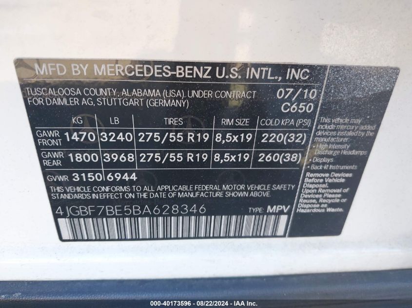 4JGBF7BE5BA628346 2011 Mercedes-Benz Gl 450 4Matic