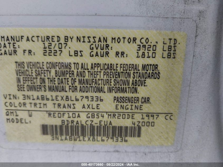 2008 Nissan Sentra 2.0 VIN: 3N1AB61EX8L679336 Lot: 40173660