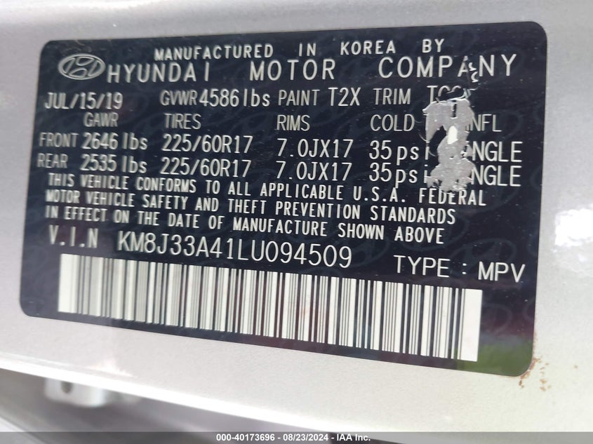 2020 HYUNDAI TUCSON VALUE - KM8J33A41LU094509