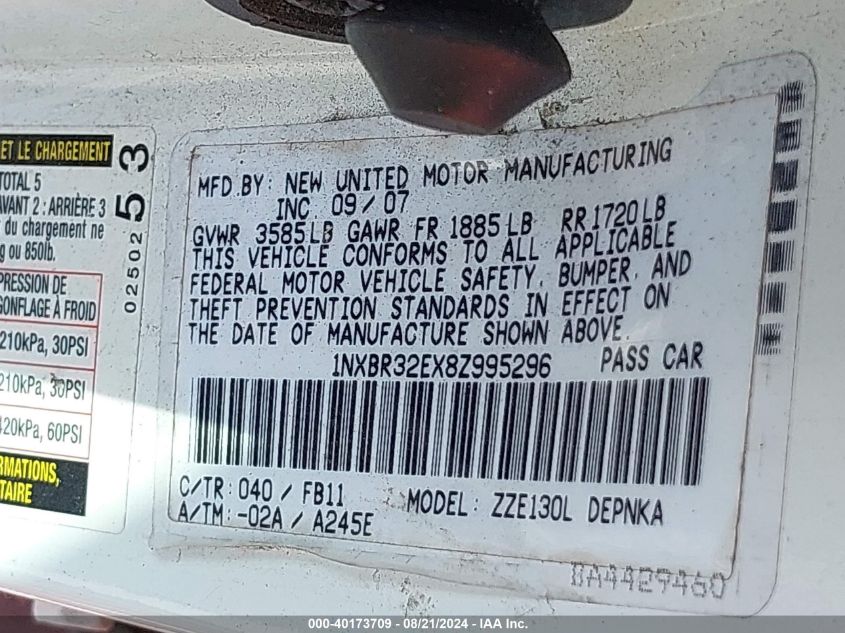 2008 Toyota Corolla Le VIN: 1NXBR32EX8Z995296 Lot: 40173709