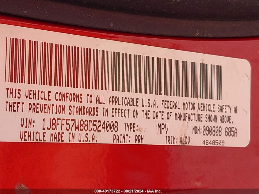 2008 Jeep Compass Limited VIN: 1J8FF57W88D524008 Lot: 40173722