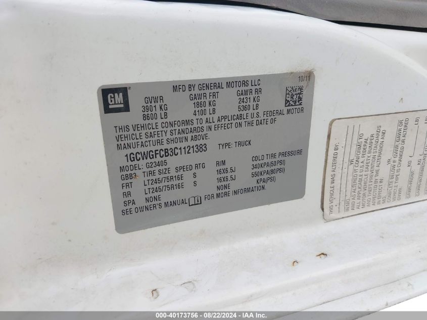 2012 Chevrolet Express 2500 Work Van VIN: 1GCWGFCB3C1121383 Lot: 40173756