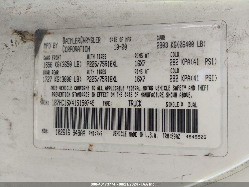 2001 Dodge Ram 1500 St/Ws VIN: 1B7HC16X41S190749 Lot: 40173774