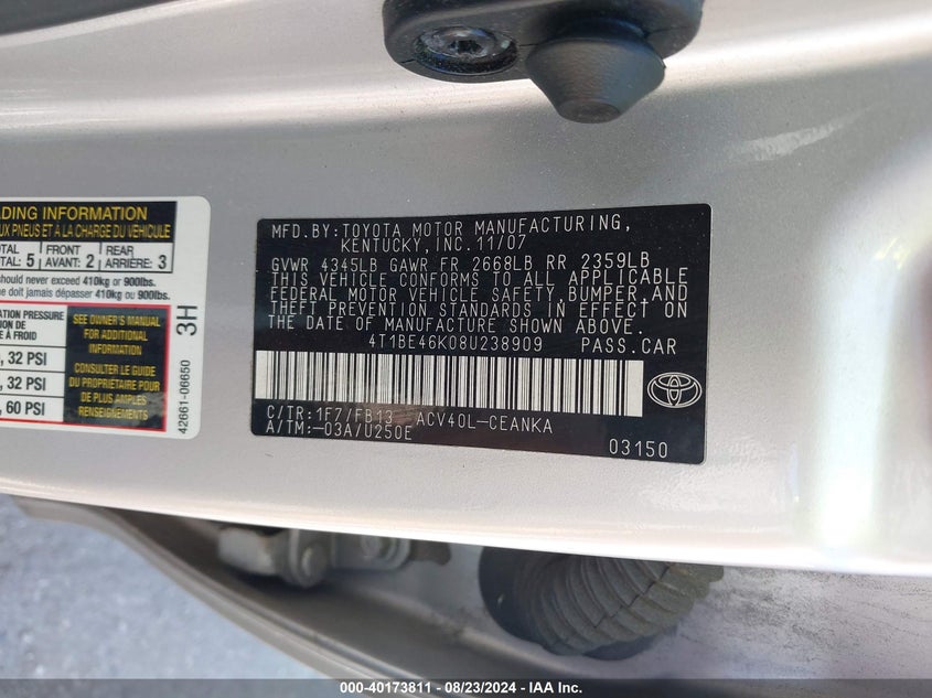 2008 Toyota Camry Le VIN: 4T1BE46K08U238909 Lot: 40173811