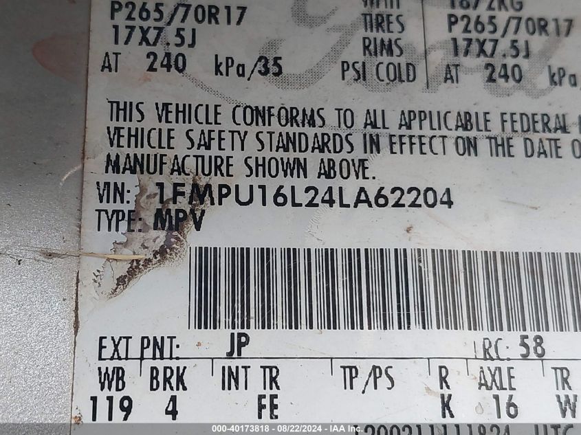 2004 Ford Expedition Nbx/Xlt VIN: 1FMPU16L24LA62204 Lot: 40173818