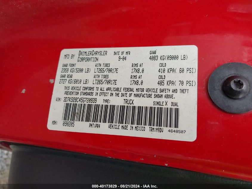 2005 Dodge Ram 2500 Slt/Laramie VIN: 3D7KS28C45G720939 Lot: 40173829