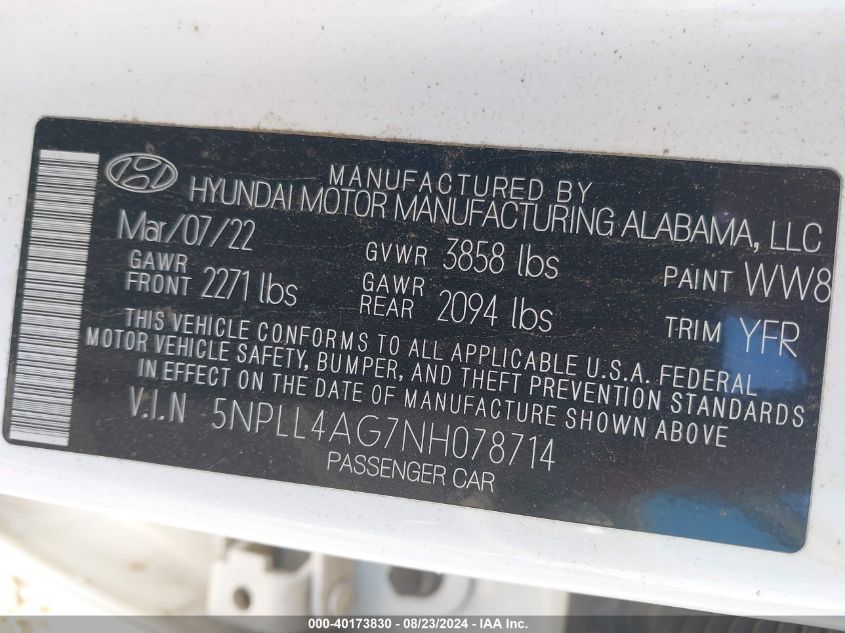 5NPLL4AG7NH078714 2022 Hyundai Elantra Se