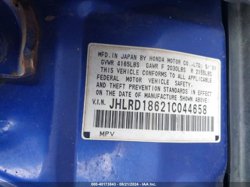 2001 Honda Cr-V Ex VIN: JHLRD18621C044658 Lot: 40173843