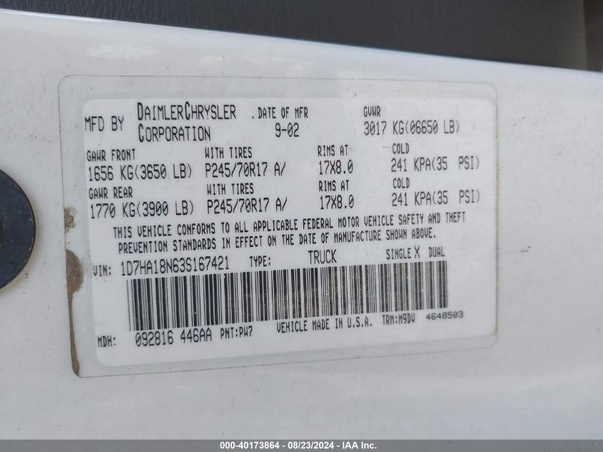 2003 Dodge Ram 1500 Slt/Laramie/St VIN: 1D7HA18N63S167421 Lot: 40173864