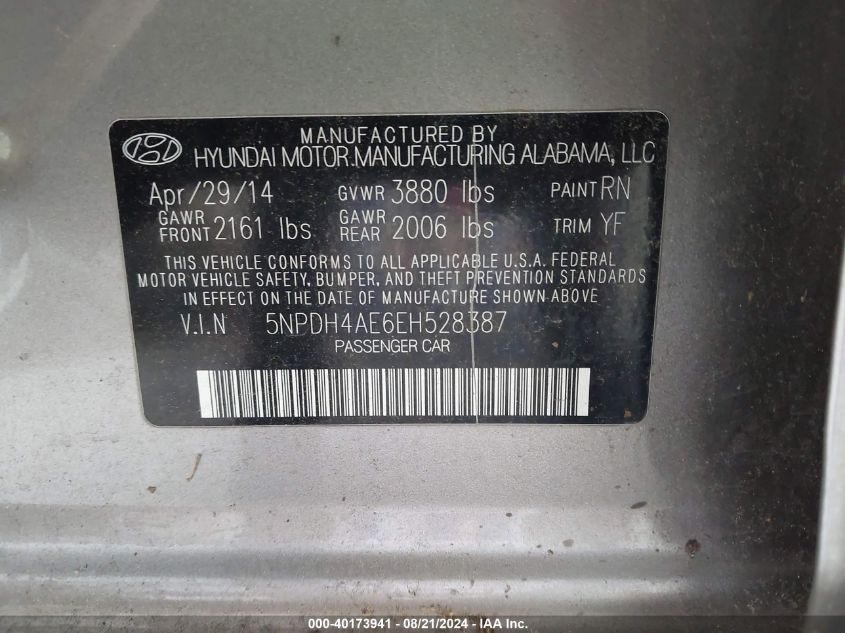 2014 Hyundai Elantra Se VIN: 5NPDH4AE6EH528387 Lot: 40173941