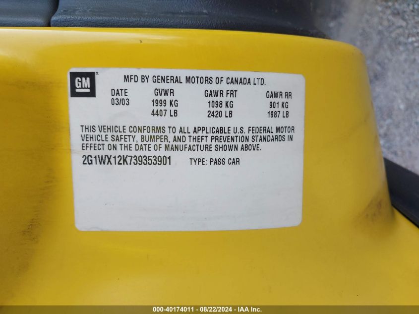 2003 Chevrolet Monte Carlo Ss VIN: 2G1WX12K739353901 Lot: 40174011