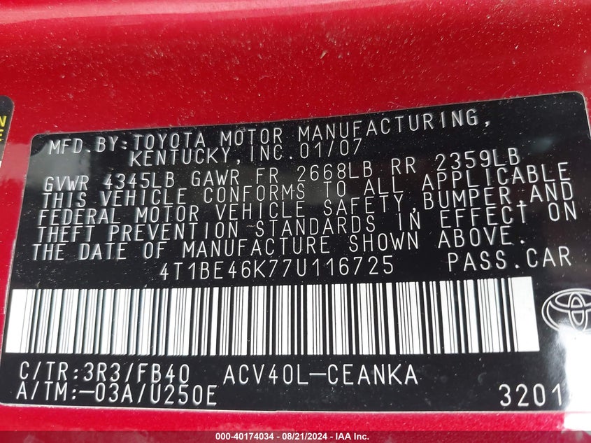2007 Toyota Camry Le VIN: 4T1BE46K77U116725 Lot: 40174034