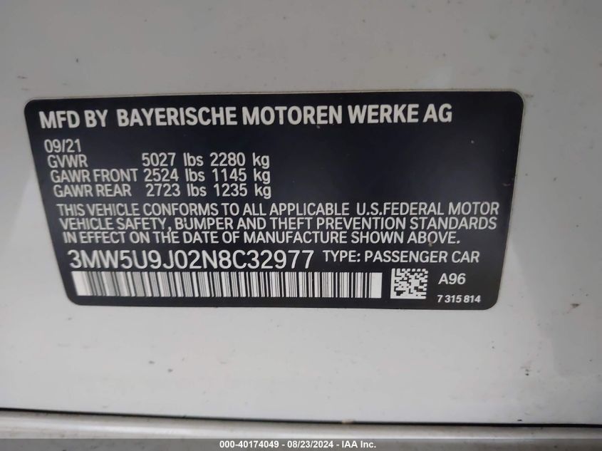 2022 BMW 3 Series M340I xDrive VIN: 3MW5U9J02N8C32977 Lot: 40174049