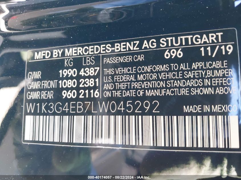 2020 Mercedes-Benz A 220 VIN: W1K3G4EB7LW045292 Lot: 40174057