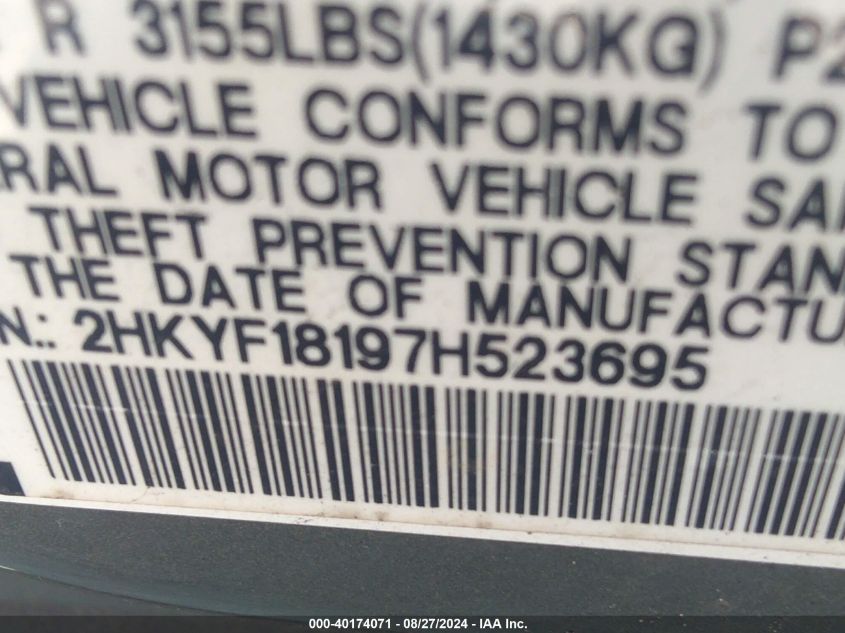 2007 Honda Pilot Lx VIN: 2HKYF18197H523695 Lot: 40174071