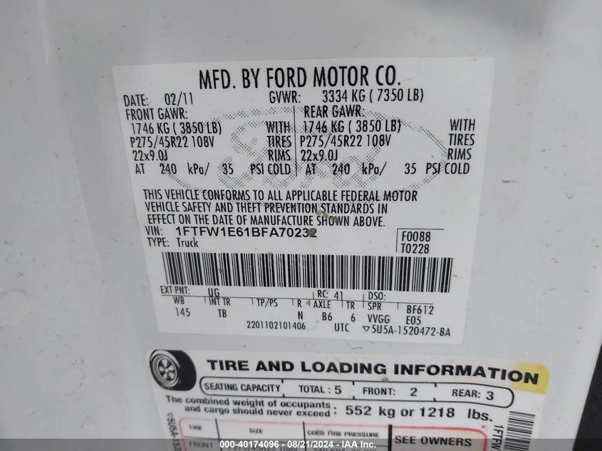 2011 Ford F-150 Lariat Limited VIN: 1FTFW1E61BFA70232 Lot: 40174096