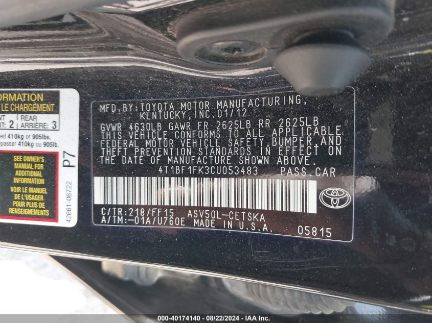 4T1BF1FK3CU053483 2012 Toyota Camry Se