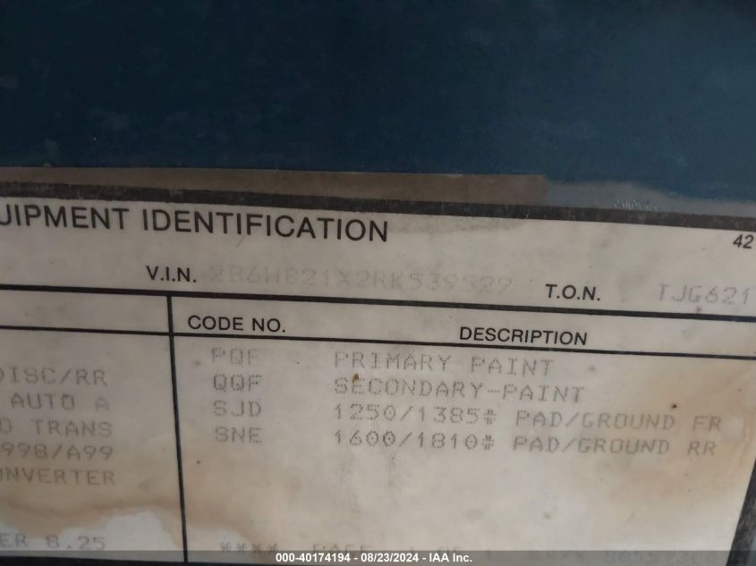 1994 Dodge Ram Van B250 VIN: 2B6HB21X2RK539529 Lot: 40174194