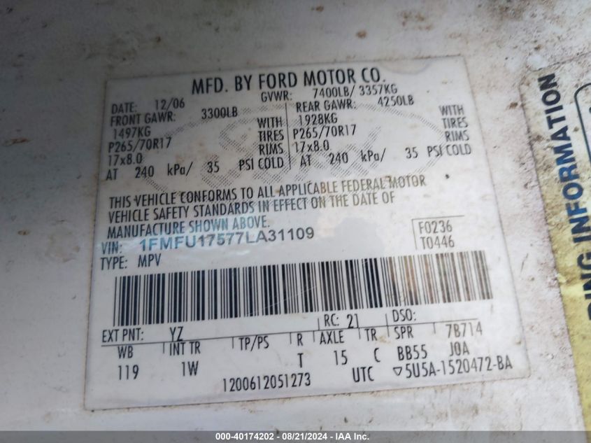 2007 Ford Expedition Eddie Bauer VIN: 1FMFU17577LA31109 Lot: 40174202