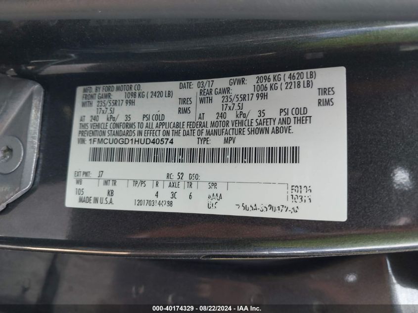 2017 Ford Escape Se VIN: 1FMCU0GD1HUD40574 Lot: 40174329