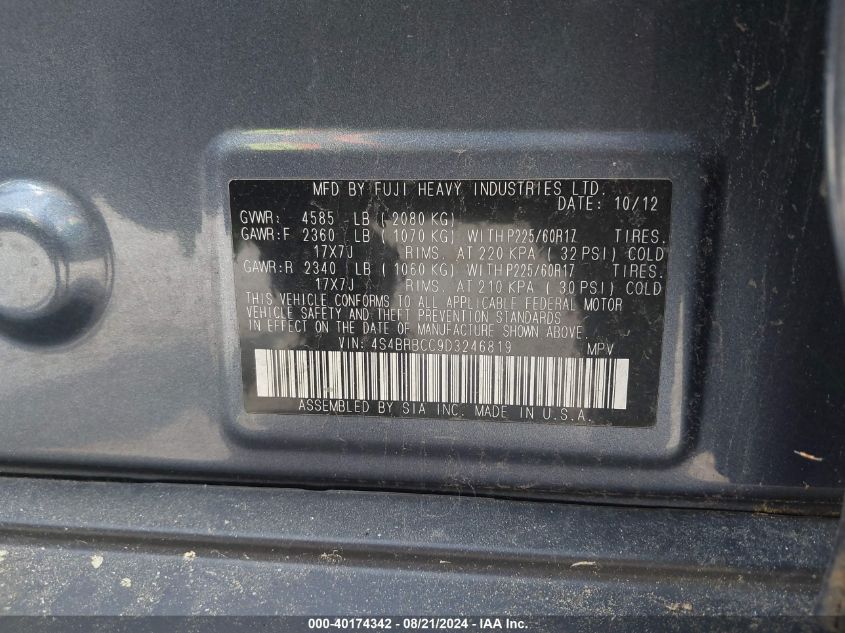 2013 Subaru Outback 2.5I Premium VIN: 4S4BRBCC9D3246819 Lot: 40174342