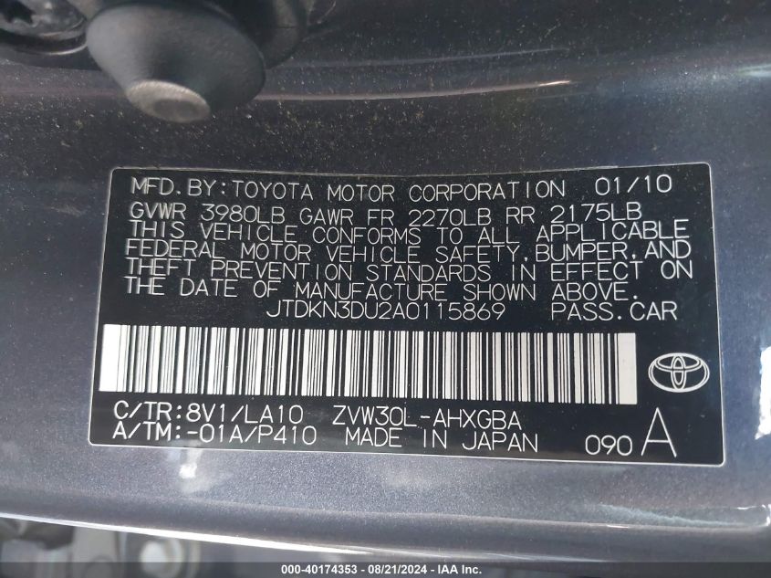 2010 Toyota Prius Iv VIN: JTDKN3DU2A0115869 Lot: 40174353