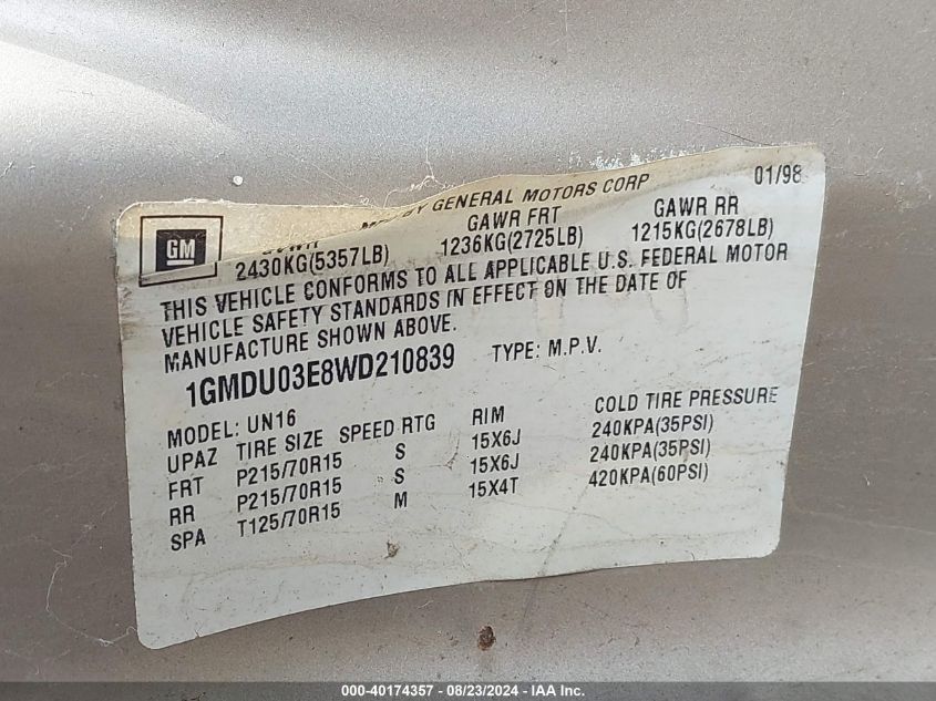 1998 Pontiac Trans Sport VIN: 1GMDU03E8WD210839 Lot: 40174357