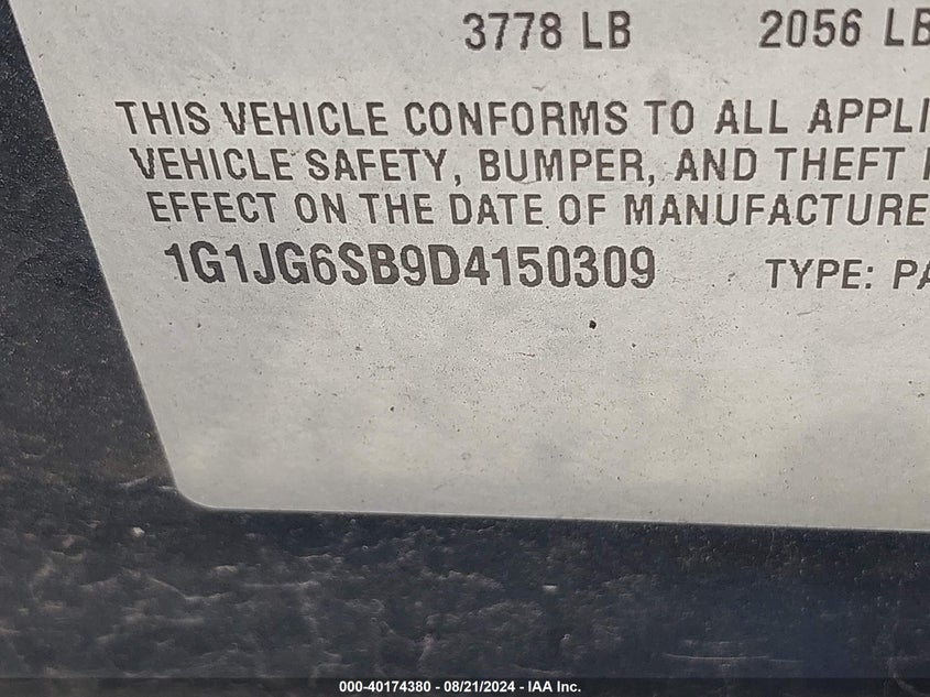 2013 Chevrolet Sonic Rs Auto VIN: 1G1JG6SB9D4150309 Lot: 40174380